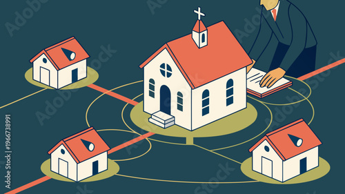 "A professional, high-resolution cinematic shot of a miniature church model connected to several miniature house models by glowing light paths on a dark surface. The central church features a cross on