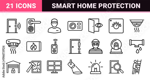 Smart Home Security Systems and Surveillance Monitoring Geometric Line Art Set for Modern Residential Safety and Automation Interfaces