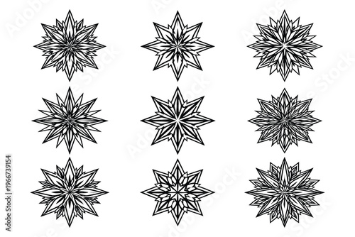 Intricate geometric star patterns with varying complexity and line density