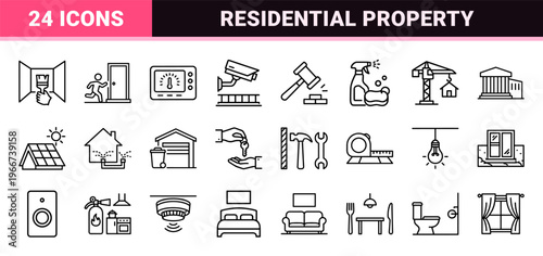 Real Estate and Property Management minimalist Monoline Geometric Line Art Set for Commercial Architecture and Housing Services UI.