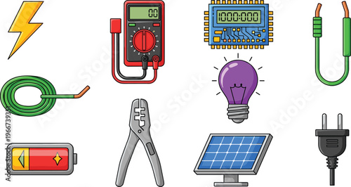 Electrical and Technology Tools Set Featuring Battery, Multimeter, Solar Panel, Wire, Light Bulb, and Circuit Board for Electronics and Energy Concepts