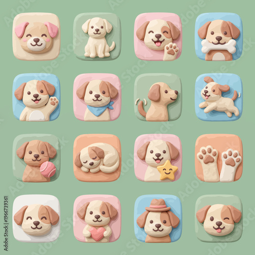Cute Puppy Dog Expressions Clay Icon Pack for Playful Pet Themes and Social Media Avatars