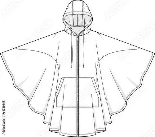Hooded cape technical sketch, poncho silhouette, front zipper, patch pockets, drawstring hood, cad drawing flat vector illustration