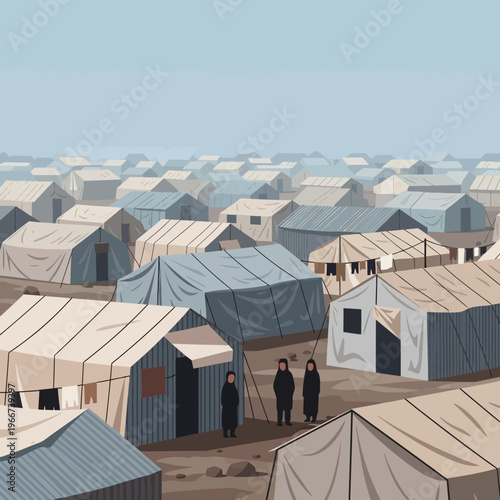 People standing in refugee camp tents.