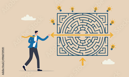 Solving solution, strategy and planning to business success concept, businessman solve labyrinth or maze puzzle by straight line arrow.
