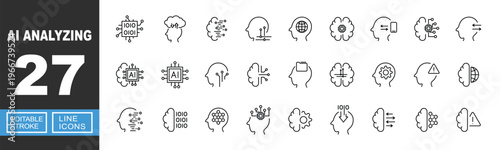 AI Analyzing icon. Includes artificial intelligence, data processing, machine learning, digital brain, neural network. Editable stroke line icons.