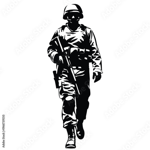 Professional military soldier wearing full combat uniform with weapon and helmet