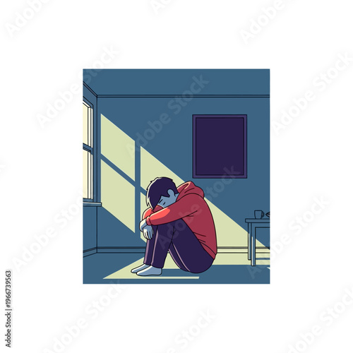 Sad person sitting alone on floor.