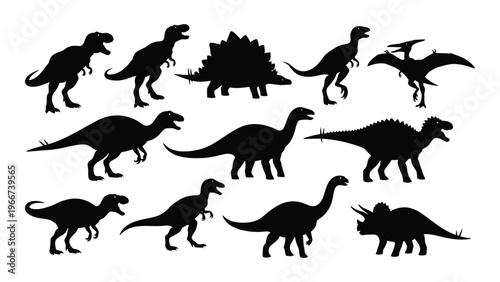 A collection of various dinosaur species depicted in black flat shapes showcasing prehistoric life in a minimalist silhouette high quality professional