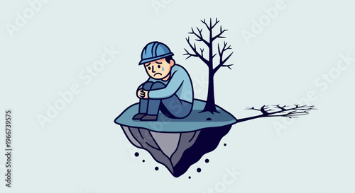 Sad worker sitting on cliff edge.
