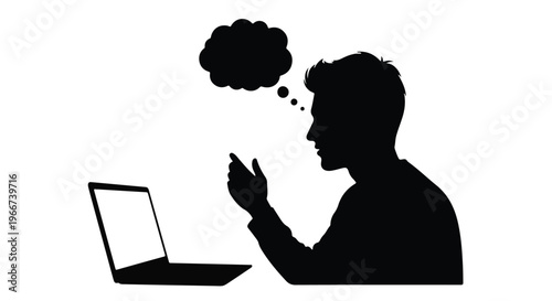Silhouette of man thinking on laptop computer with thought bubble, symbolizing ideas and problem solving in modern technology and digital communication