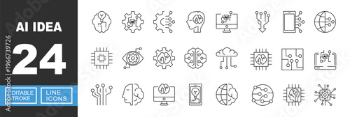 AI Idea icon. Includes artificial intelligence, creative thinking, machine learning, digital brain, technology innovation. Editable stroke line icons.