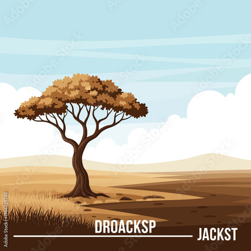 Tree standing alone in desert landscape.