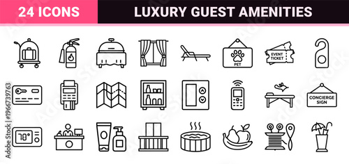 Luxury Hospitality and Hotel Services Line Art; minimalist Monoline Geometric Symbols for Premium Guest Experience and Resort Wayfinding.