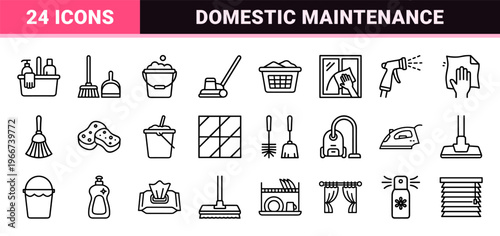 House Cleaning and Domestic Maintenance minimalist Monoline Outline Icon Set Featuring Geometric Line Art for Commercial Service Apps.