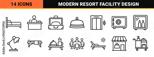 Hotel Services and Hospitality Management minimalist Monoline Outline Icons for Guest Amenities and Resort Facility Wayfinding Systems