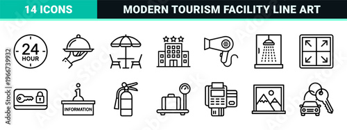 Hotel Amenities and Hospitality Services Line Art featuring minimalist Monoline Geometric Outlines for Professional Tourism Branding.