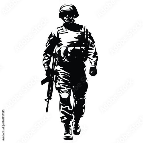 Determined Military Soldier in Full Combat Uniform Marching with Rifle Weapon