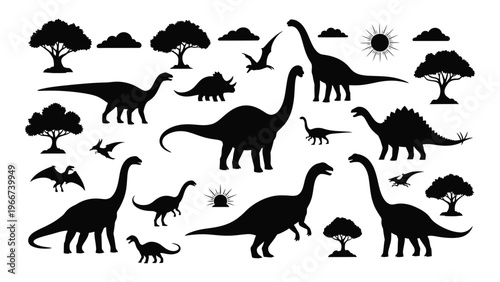 A collection of prehistoric dinosaurs and pterosaurs alongside trees and a sun depicted in black silhouette high quality professional detailed modern