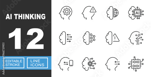 AI Thinking icon. Includes artificial intelligence, machine learning, neural network, digital brain, data processing. Editable stroke line icons.