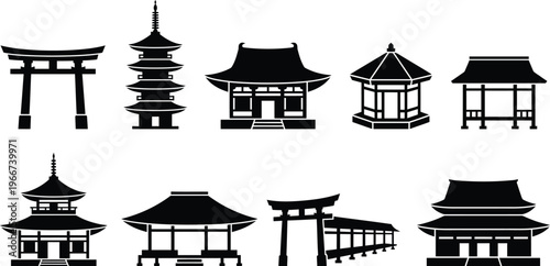 Japanese Temple and Shrine Icons Set Traditional Asian Architecture Vector