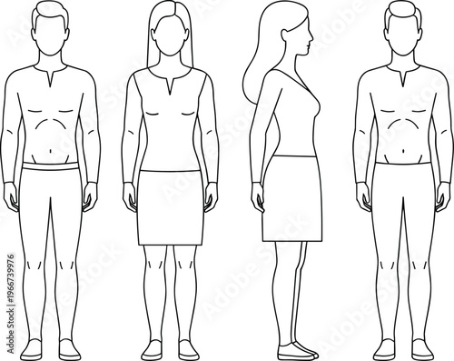 Human figure line art, male and female, anatomy, posture, fashion sketch, clothing, front view, profile, design, template, reference, minimalist, outline, skirt, shorts, blouse, shoes