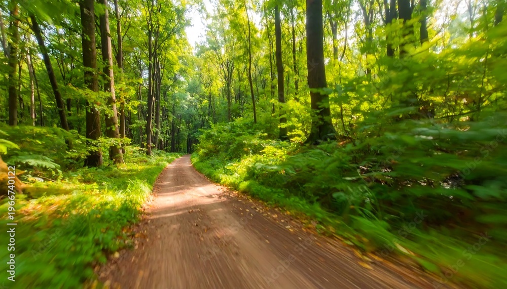 Fototapeta premium A blurred dirt road winding through a sunlit forest
