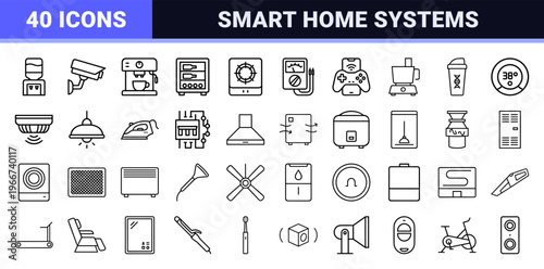 Smart Home Appliances and Domestic Equipment minimalist Monoline Geometric Line Art for Commercial Interface Design and Technical Manuals.