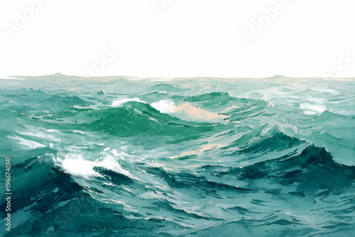 Ocean waves watercolor capturing stormy surf and foamy swells in teal, aqua and deep blue, dynamic brushstrokes conveying motion, energy and textured seascape