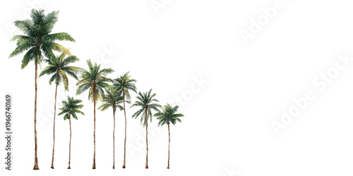 Row of tall and short palm trees descending diagonally, vibrant green fronds and brown trunks isolated on a clean white background for versatile design and cut out use