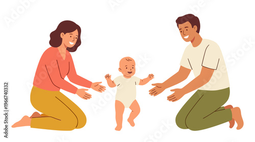 Parents encouraging their baby's first steps, a heartwarming family moment of growth and development.