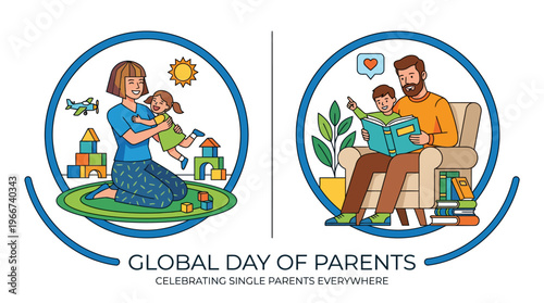 Global Day of Parents illustration celebrating single parents, featuring a mother playing with her daughter and a father reading to his son.