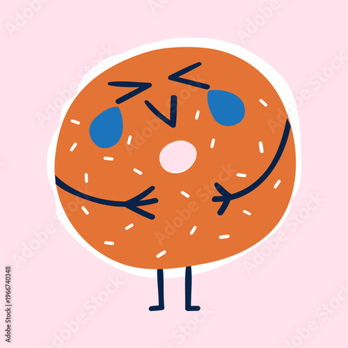 Laughing Bagel Character Crying Tears of Joy. Funny Flat Vector Illustration On Pink Background.