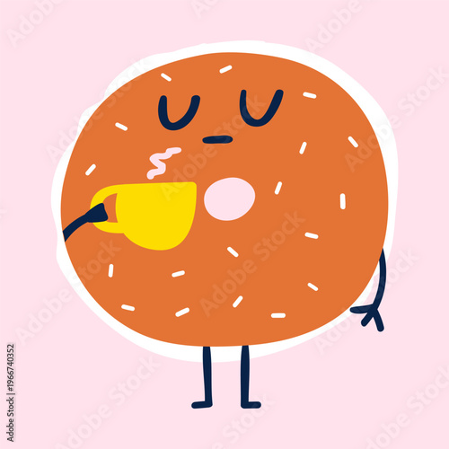Sleepy Cute Bagel Character with Coffee Mug. Flat Vector Illustration On Pink Background.