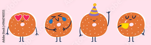 Cute Bagel Characters Set. One with Coffee, Laughing, Waving and In Love. Flat Vector Collection On Pink Background.