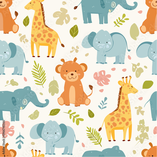 Seamless pattern with cute cartoon safari animals and tropical leaves, perfect for baby textiles and nursery decor