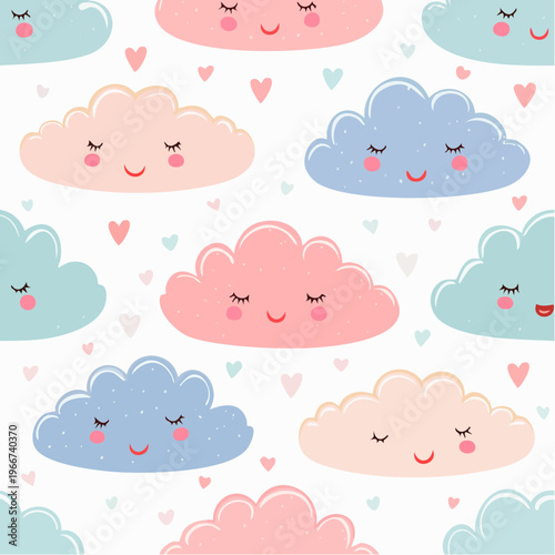 Adorable seamless pattern with happy sleeping pastel clouds, rosy cheeks, and little hearts, ideal for baby fabric, nursery decor, and kids' designs