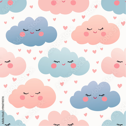Sweet dreams seamless pattern featuring cute sleeping pastel blue and pink clouds with tiny hearts, ideal for baby shower designs, nursery decor, and fabric prints