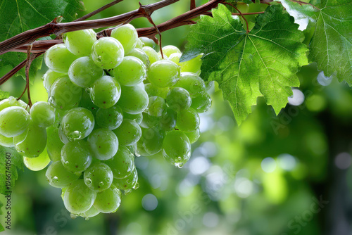 Fresh Green Grapes on Vine with Water Drops