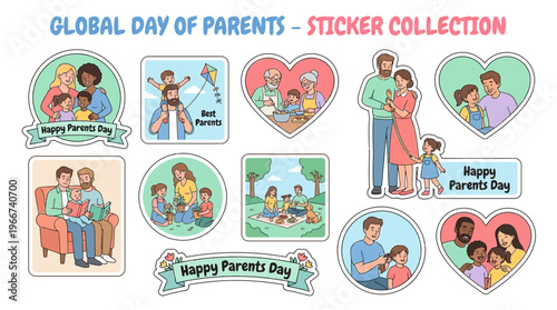A collection of diverse family-themed stickers celebrating Global Day of Parents, featuring illustrations of parents and children engaging in various heartwarming activities.