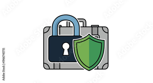 Secure travel suitcase with padlock and green shield icon. Flat vector illustration of protected luggage for insurance, data privacy, and safe trip concepts.