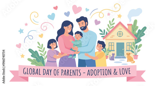 Illustration of a loving family with parents and three children, including a baby, celebrating Global Day of Parents, adoption, and love.