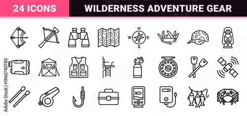 Hunting and Fishing Outdoor Exploration Line Art Icon Set featuring minimalist Monoline Geometric Outlines for Wilderness Navigation.