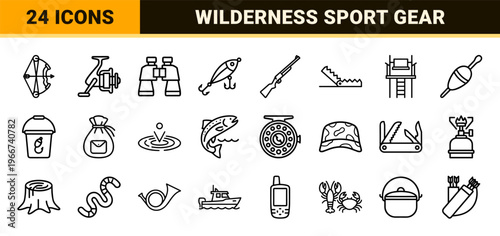 Hunting and Fishing Equipment minimalist Monoline Icons; Geometric Line Art Symbols for Outdoor Wilderness and Angling Sports Design.