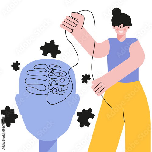 Flat unreal size person unravels mind in the head silhouette isolated transparent. Vector illustration for psychological clinic Mental Health concept design. EPS 10