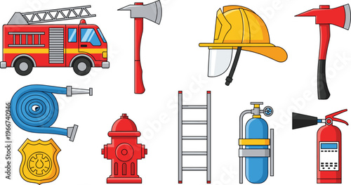Firefighting and Emergency Tools Icons Set Featuring Fire Truck, Axes, Hose, Helmet, Fire Extinguisher, Ladder, and Hydrant for Safety and Rescue Concepts