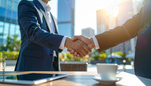 ビルが並ぶ都会のオープンカフェで握手を交わすスーツ姿の男性の手元　ビジネス、商談、契約イメージ