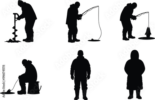 Ice fishing silhouettes, winter sport, frozen lake, auger drilling, catching fish, outdoor activity, vector art, CAD drawing, flat illustration, black design