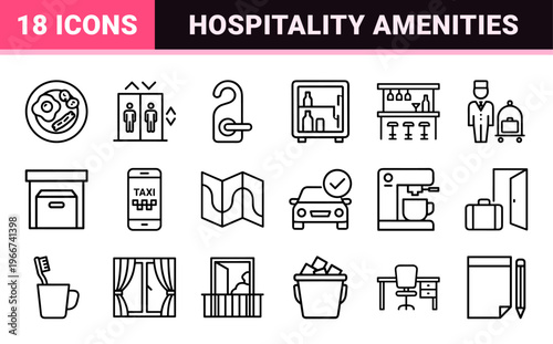 minimalist monoline hospitality line art featuring geometric hotel services, tourism amenities, and guest accommodation outline symbols.