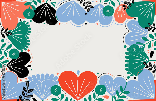A frame of lush hearts.  Message card. Copy space. Simple and charming Scandinavian-style illustration.